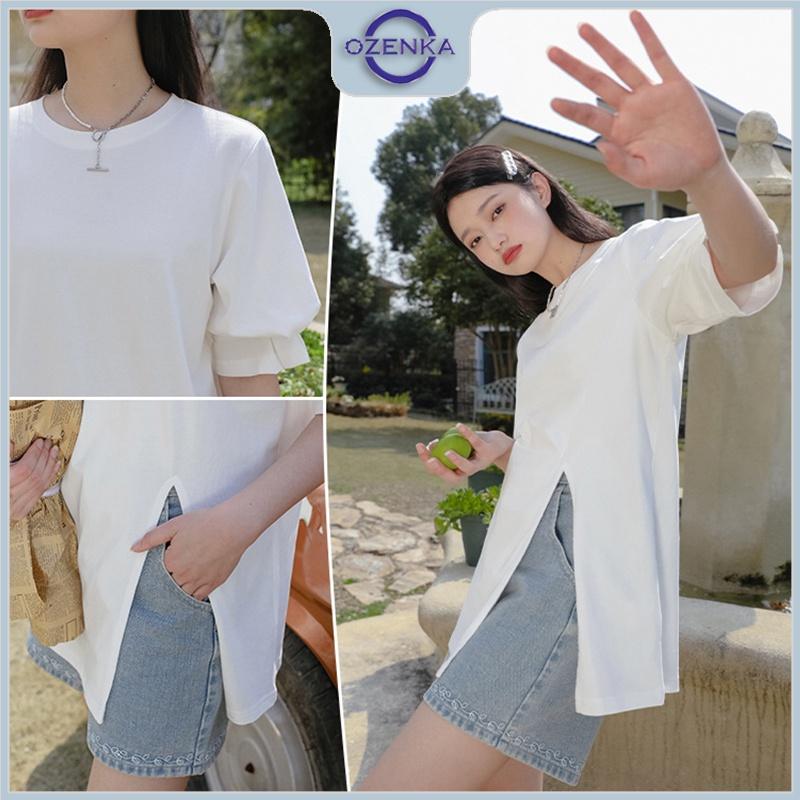 Áo thun nữ rộng tay lỡ oversize sẻ gấu OZENKA , áo phông cộc tay cổ tròn chất cotton dày đen trắng giá rẻ