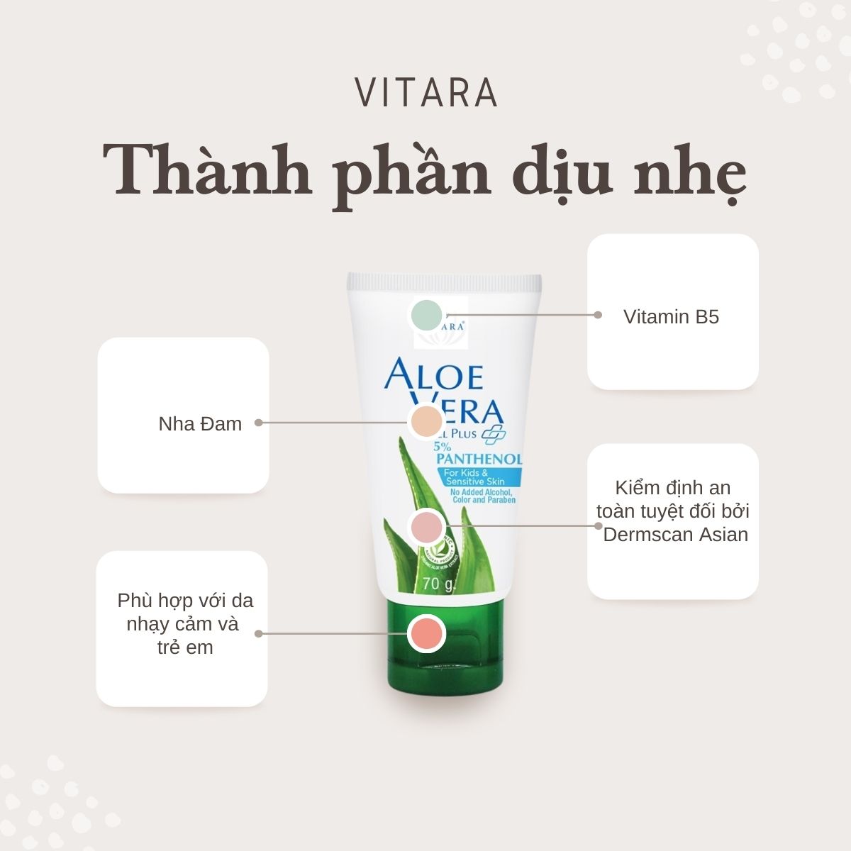 Gel thoa da bị kích ứng Vitara Aloe Vera thích hợp cho da khô, sần sùi, bị bỏng, cháy nắng 70g