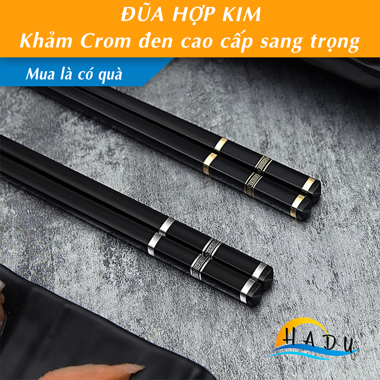 [10 Đôi] Đũa Ăn Cơm Cao Cấp Kiểu Nhật Bản Kháng Khuẩn Sợi Thủy Tinh Khảm Crôm Đen Sang Trọng HADU