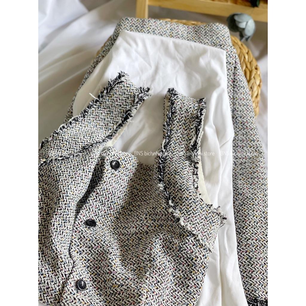 SET ÁO DẠ TWEED DÁNG CROPTOP & CHÂN VÁY CHỮ A -High Neck Basic Tee With Sleeveless Crop Tweed Jacket & Skirt Set- BY BNS AURORA SET BNS006