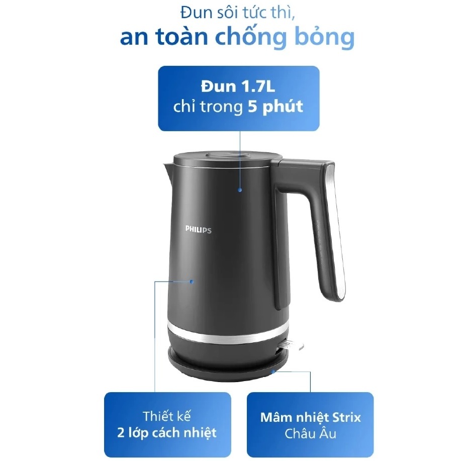 Bình/Ấm đun nước siêu tốc Philips 1.7L HD9395, công suất 2200W, bảo hành 2 năm| Hàng Chính Hãng