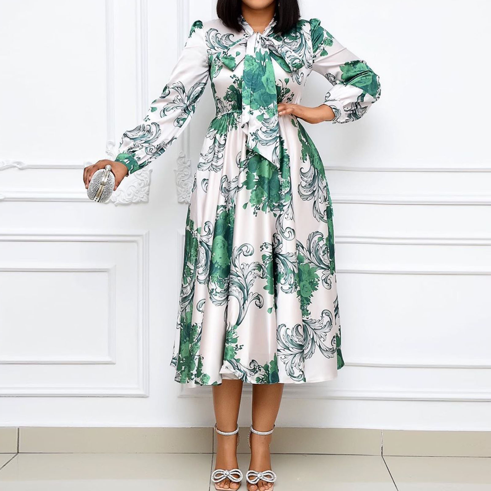 Vintage Women Midi Dress Elastic High Waist Long Puff Sleeve Bow Floral Print Ruffles Dress