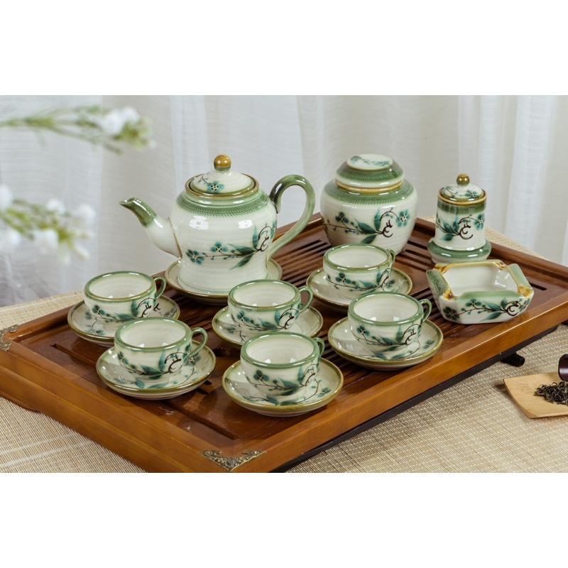 Bộ ấm trà+ phụ kiện, men dong. Gốm sứ Bát Tràng.