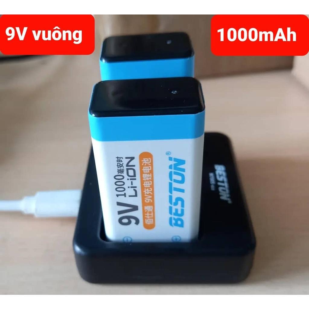 Pin Sạc 9V Beston Li - Ion Dung Lượng Cao, Bộ Sạc Pin Vuông Dùng Cho Micro, Đồng Hồ Vạn Năng, Chuông Báo Động, Đồ Chơi - 2 Pin1000Mah Kèm Sạc