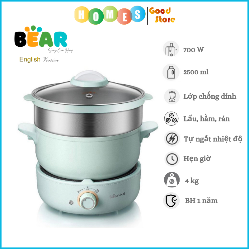 Nồi Điện Đa Năng BEAR DHG-B25Z1, Chiên Xào Hấp, Dung Tích 2.5L, Công Suất 700W - Hàng Chính Hãng