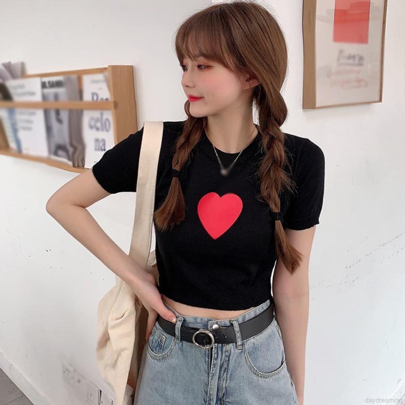 Áo Thun Ngắn Tay Cổ Tròn In Họa Tiết Trái Tim Xinh Xắn Dành Cho Nữ