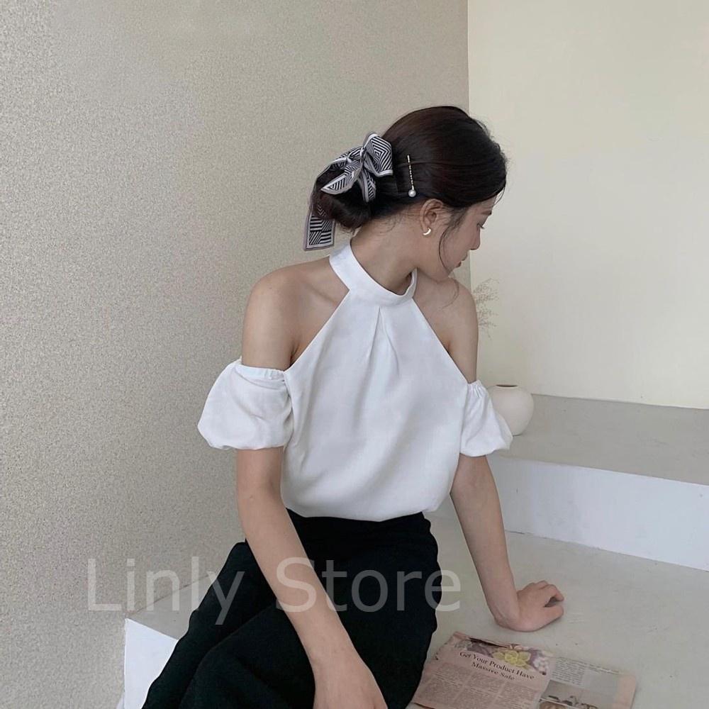 Áo hở vai cổ yếm 2 lớp – Áo trễ vai tay bồng chất linen – Croptop kiểu eo bo chun