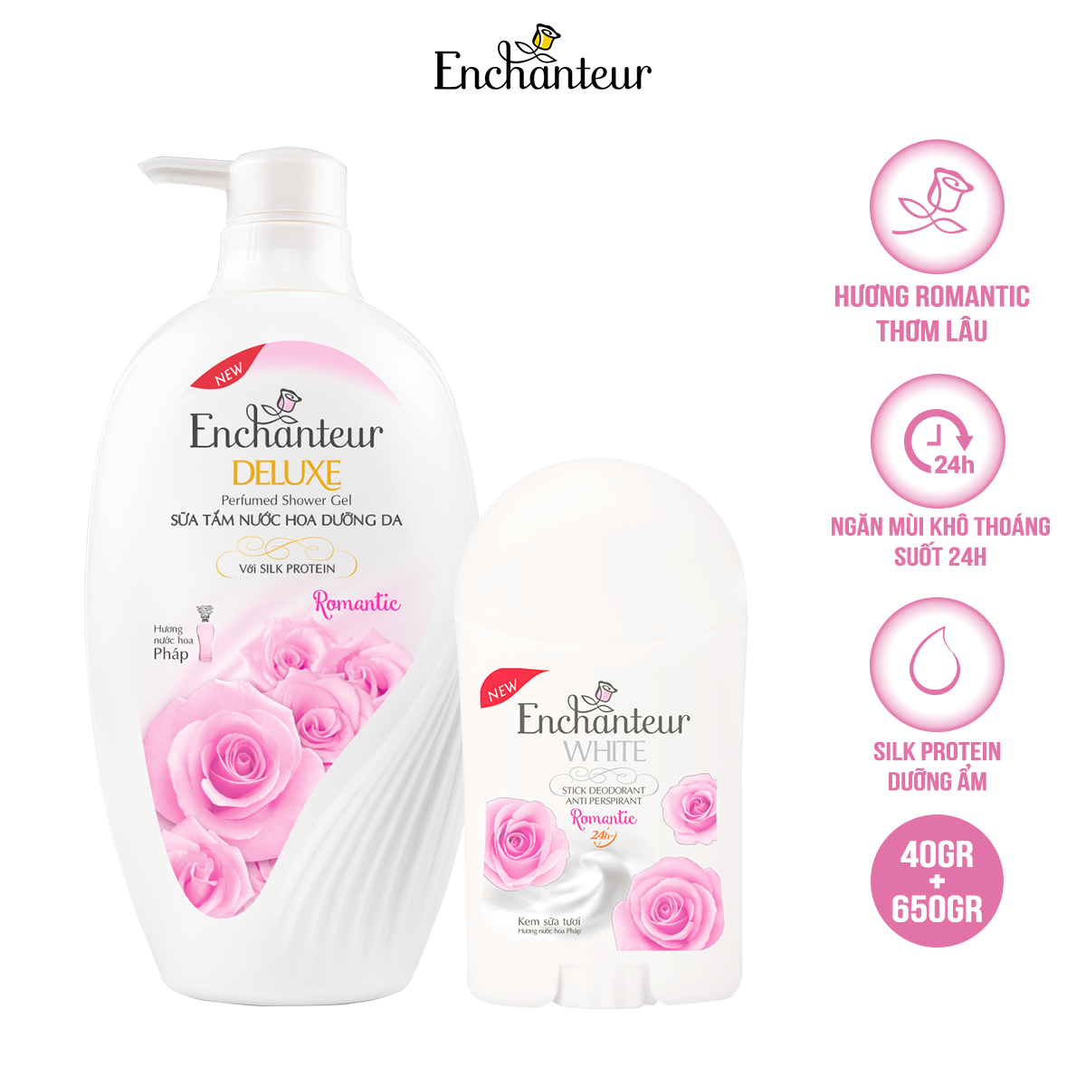 Combo Sữa Tắm Nước Hoa Dưỡng Da Romantic 650G + Sáp Khử Mùi Trắng Da Romantic 40g