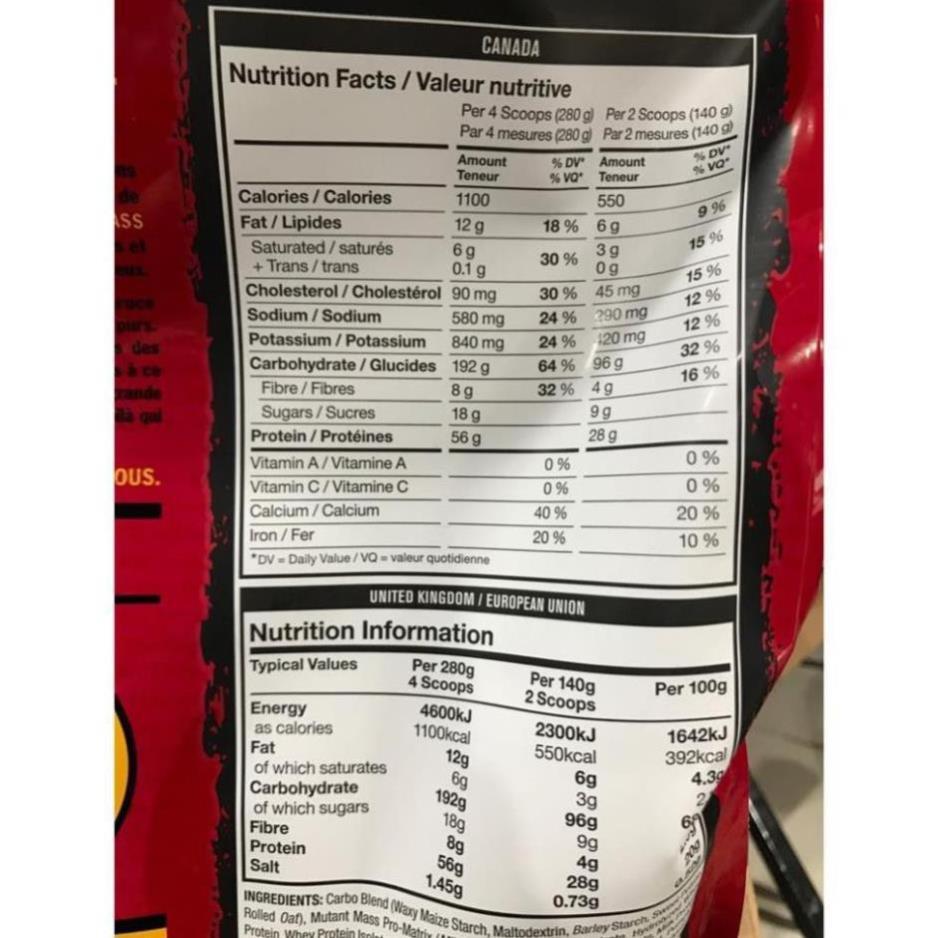 Mutant Mass Sữa Tăng cân Nhanh Đầy Đủ Dinh Dưỡng Mutant Mass Original 15 Lbs (6.8 kg) - Canada