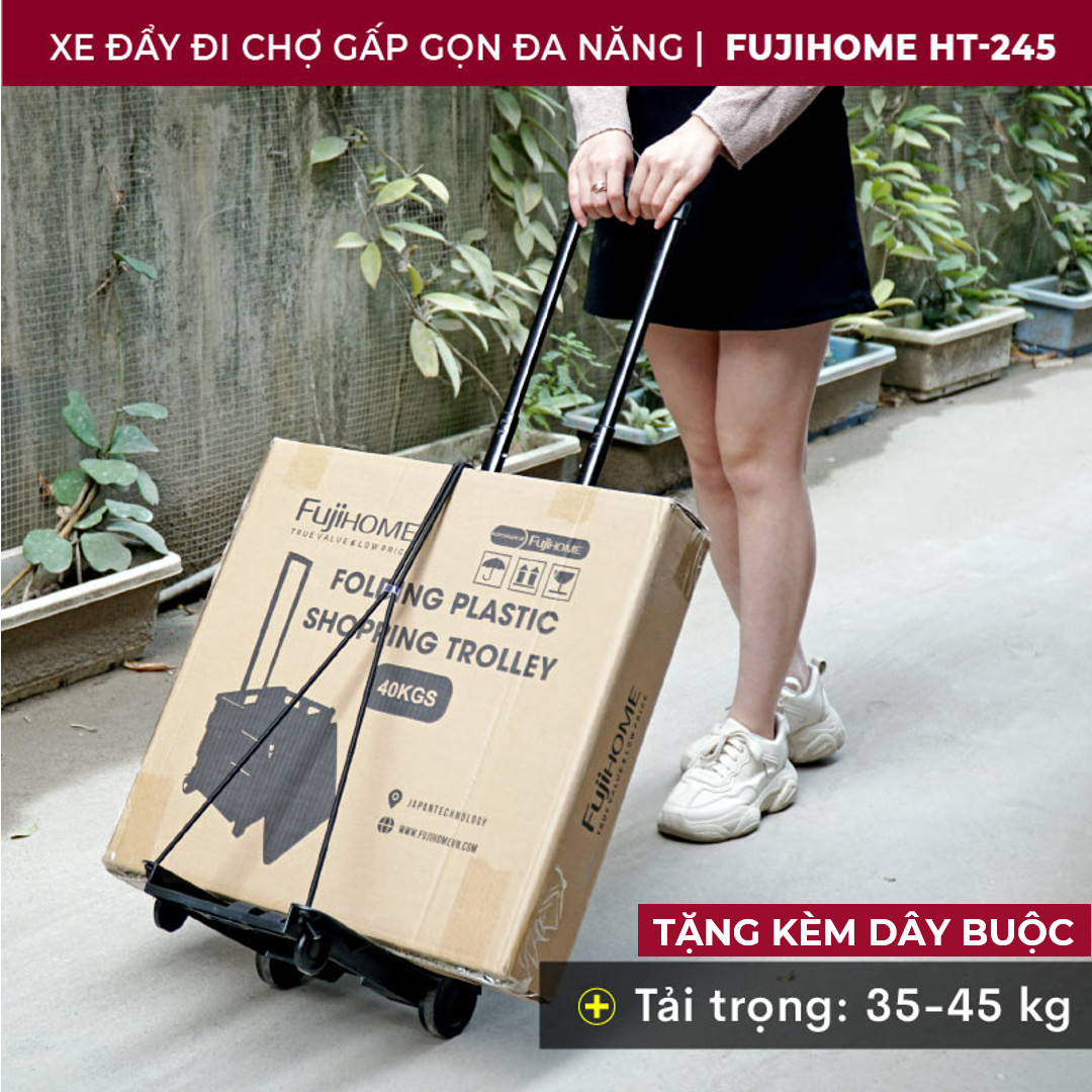 Xe đẩy hàng gấp gọn đi chợ (đi kèm dây buộc) FUJIHOME HT-245, xe kéo hàng đi chợ gấp gọn mini siêu thị đa năng - Hàng Nhập Khẩu