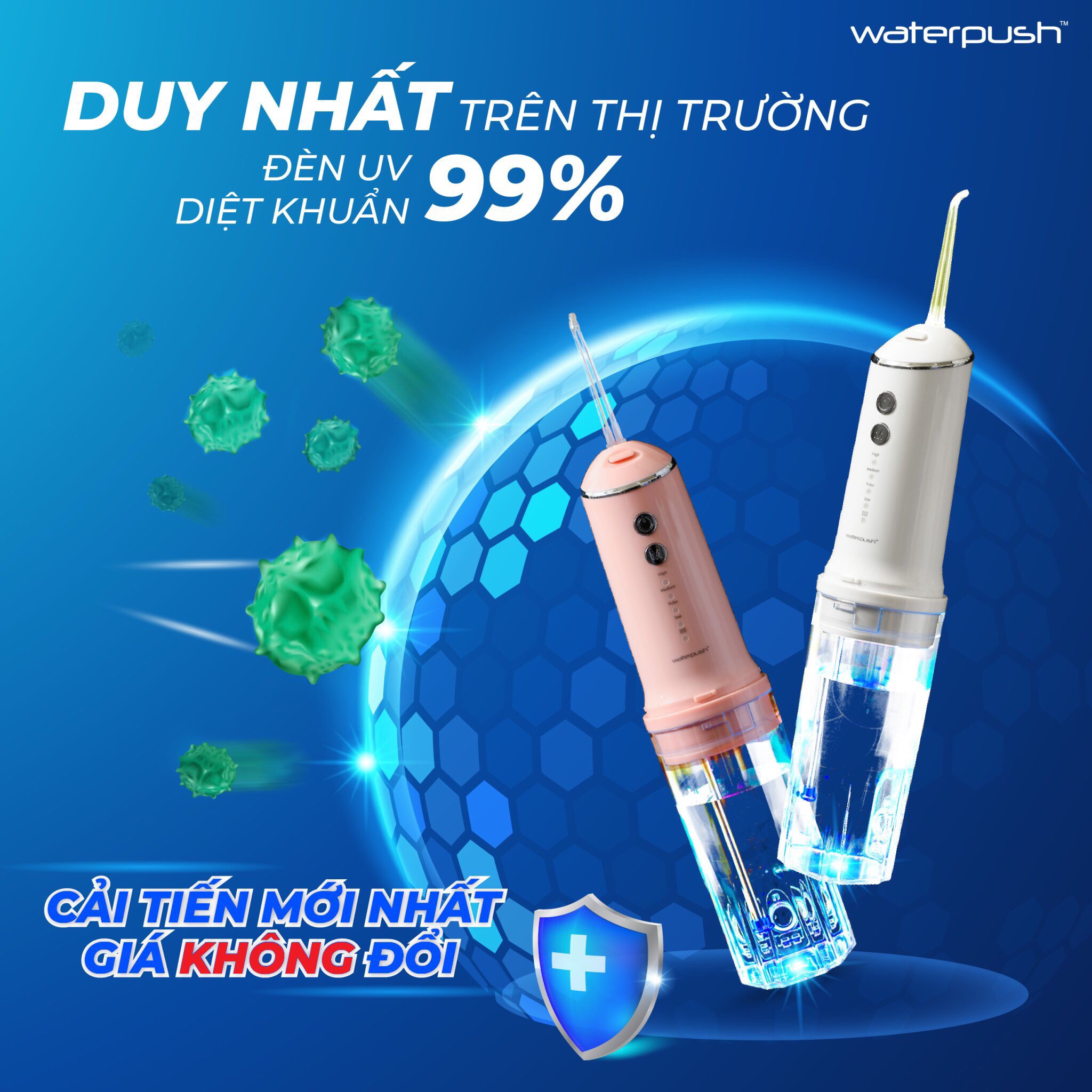 [Đèn UV diệt khuẩn 99%] Máy tăm nước du lịch cao cấp WaterPush 1903 màu hồng - Bình chứa lớn 300ML