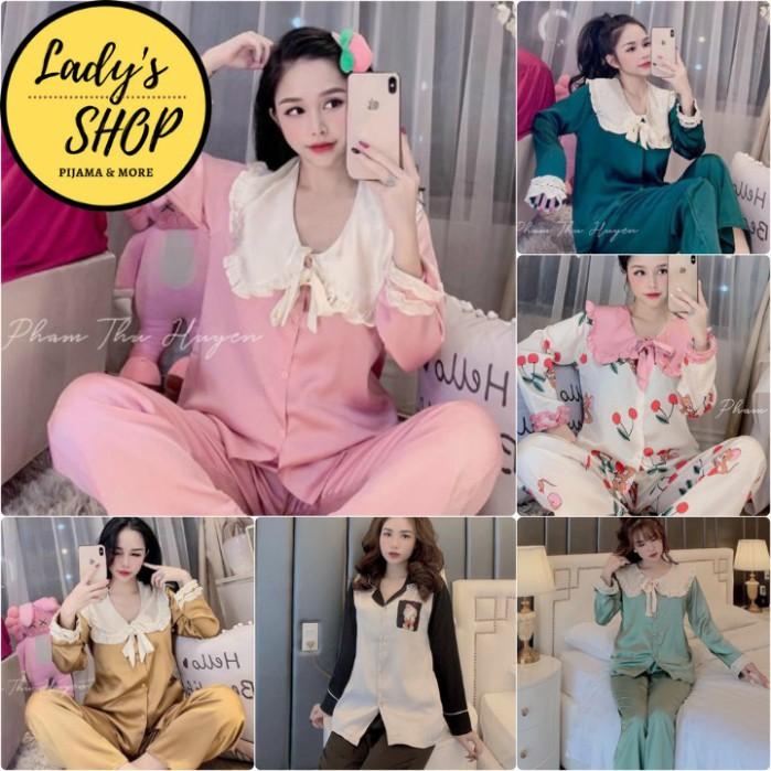 Freeship Bộ lụa Pijama - Bộ Lụa Tay Dài Tiểu Thư Cổ Phối Bèo Nơ