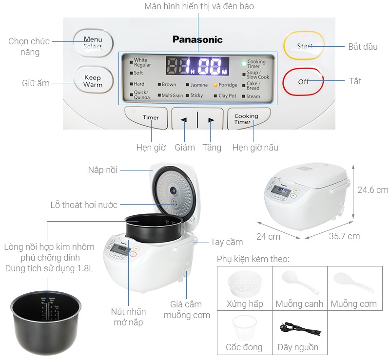 Nồi cơm điện tử Panasonic 1.8 lít SR-CL188WRAM  - Hàng Chính Hãng