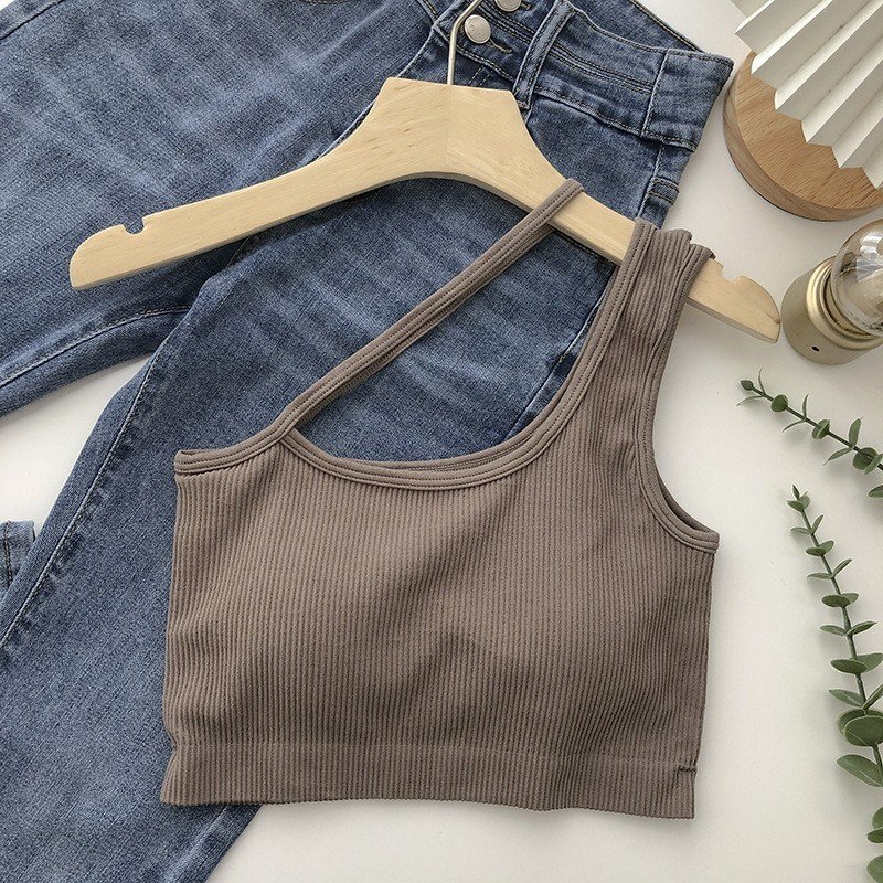 Áo hai dây quai chéo dáng croptop có đệm ngực, bra gân tăm hot hit có mood ngực thời trang