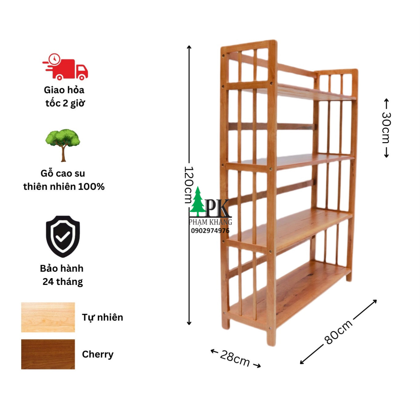 Kệ sách gỗ Phạm Khang 4 tầng rộng 80cm màu vàng cherry