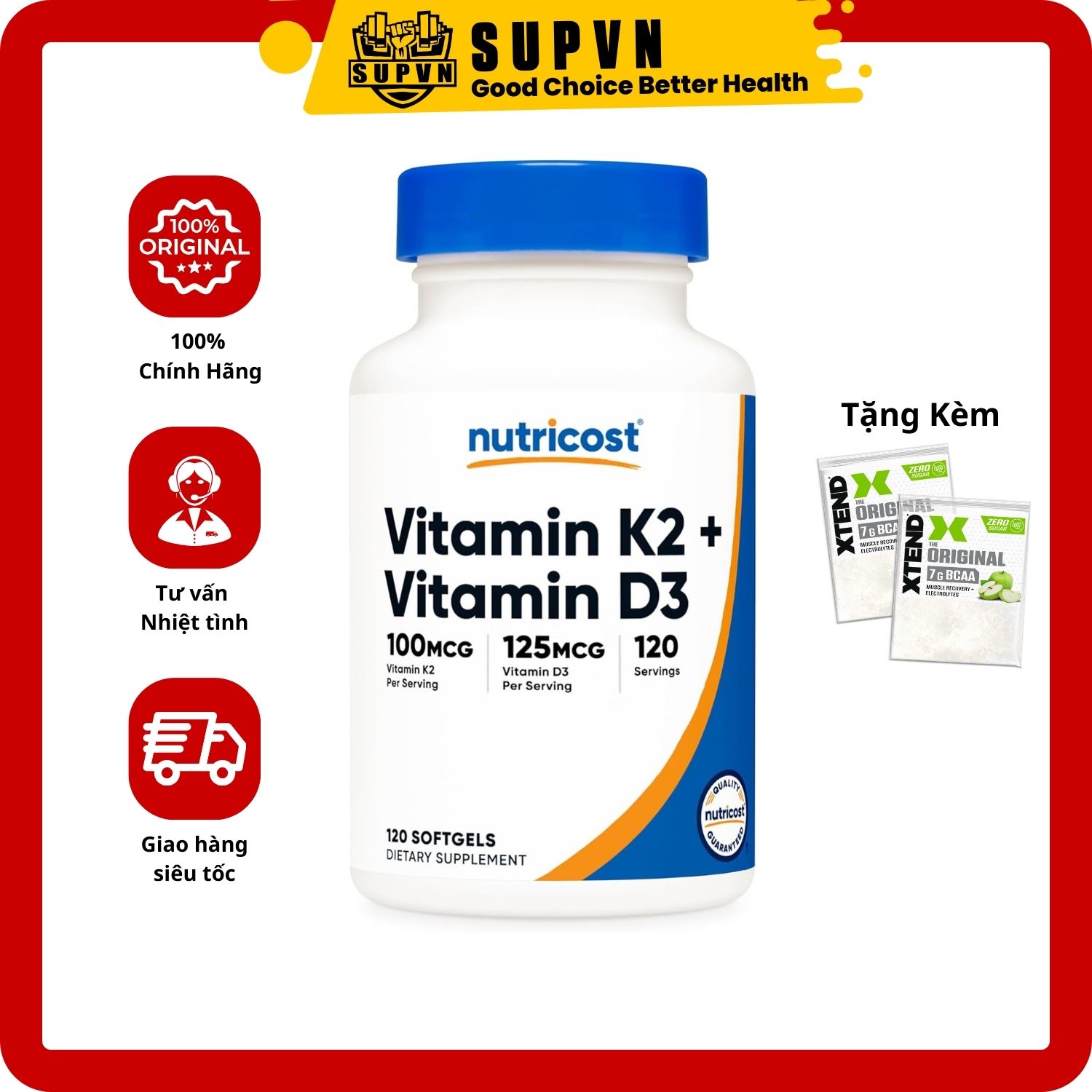 Nutricost Vitamin D3 K2 5000iu 120 viên - Tăng Sức Đề Kháng, Bổ Xương Khớp