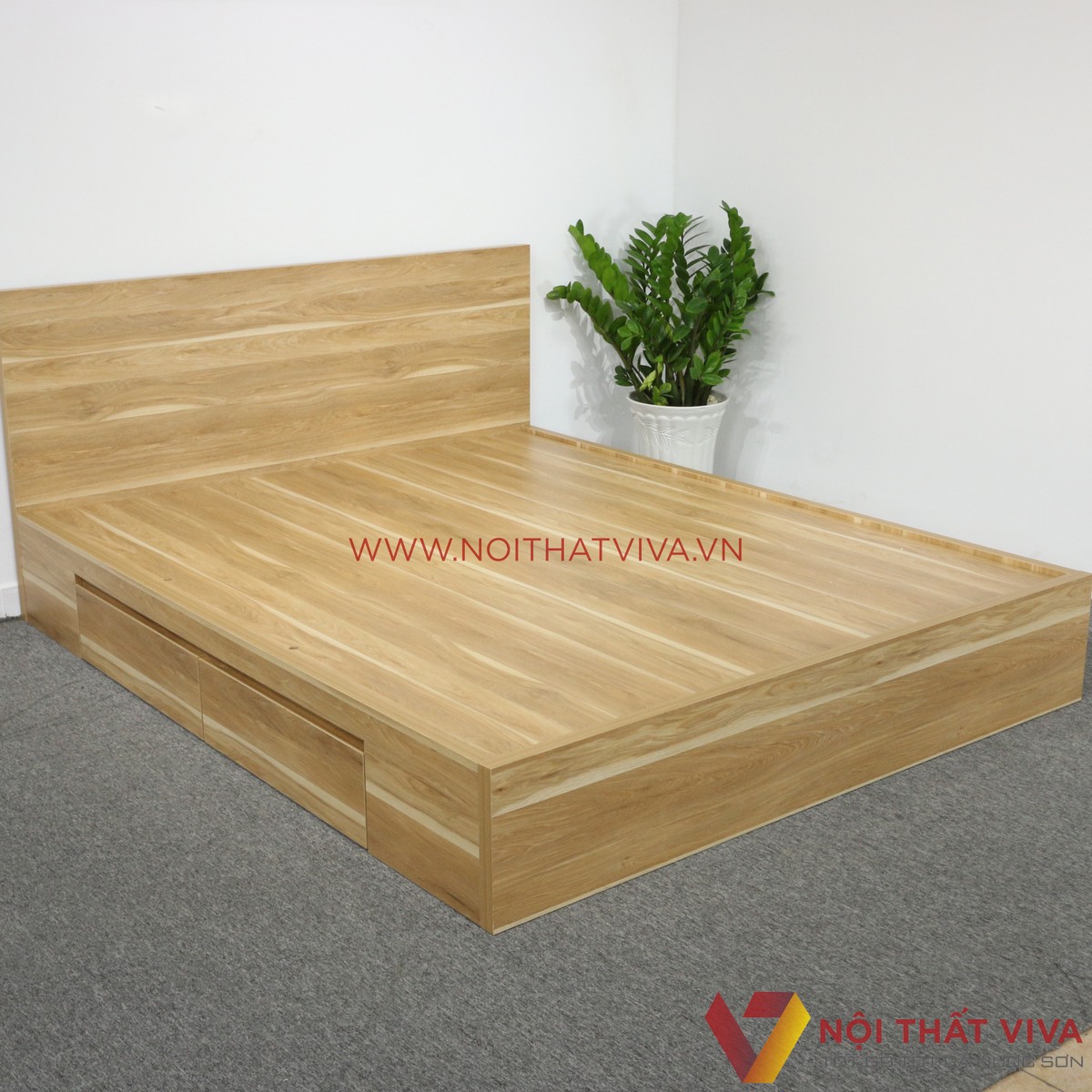 Giường Ngủ Gỗ MDF Phủ Melamine Màu Vàng Sọc Có Ngăn Kéo Đẹp Hiện Đại