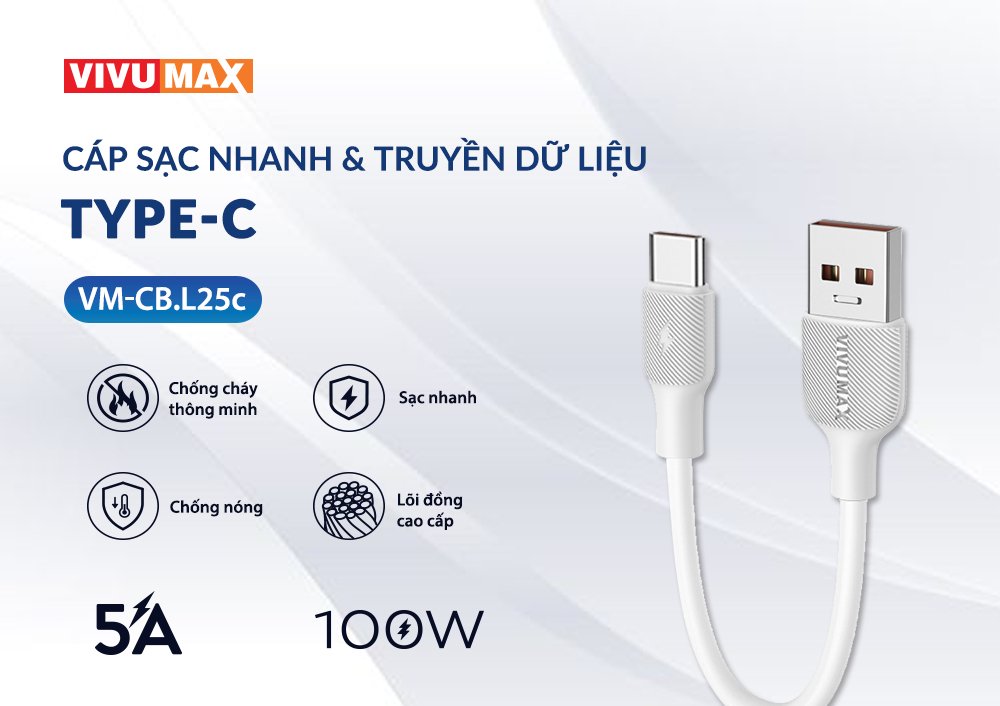 Cáp sạc nhanh 5A Vivumax L25c đầu Type C dài 25cm, thích hợp dùng pin sạc dự phòng, loa Bluetooth… Hàng Chính Hãng, Bảo Hành Chính Hãng