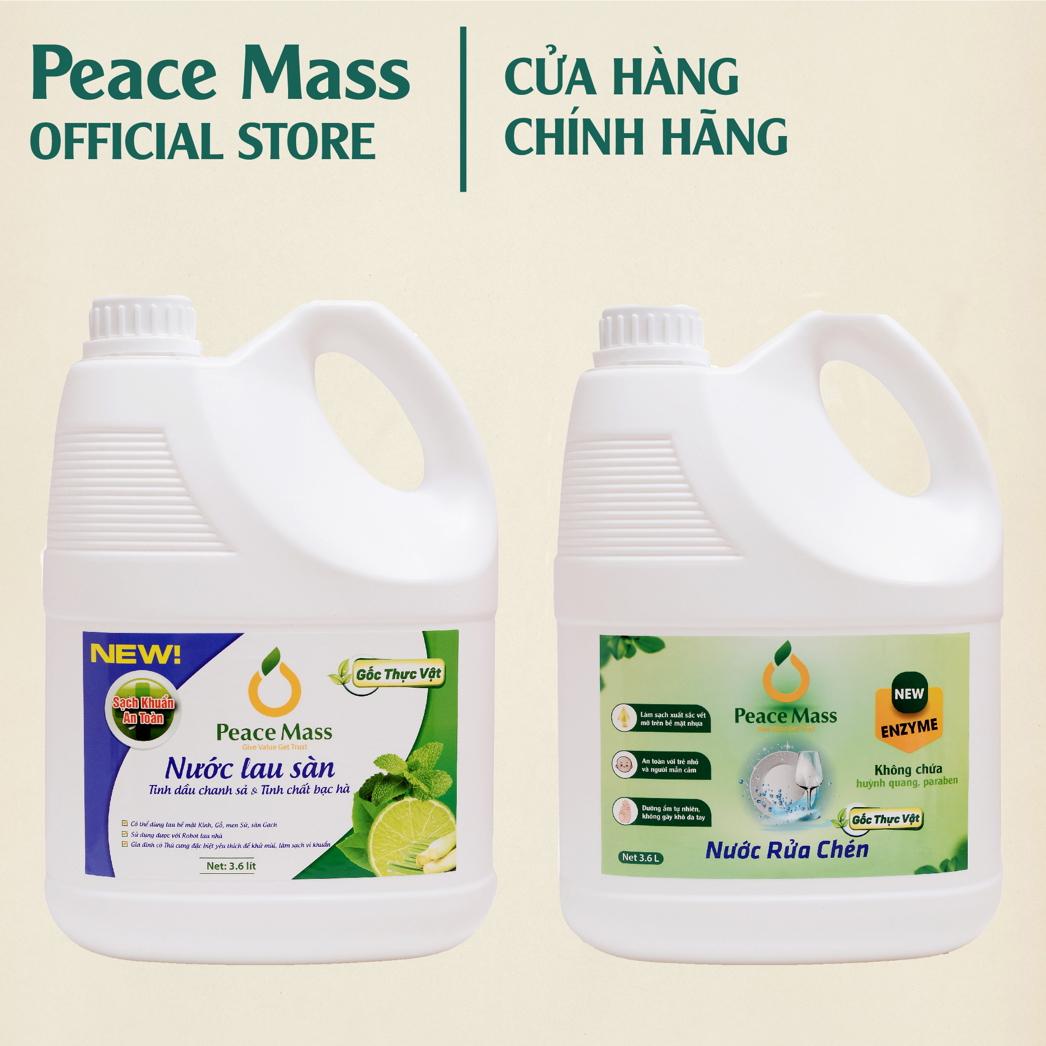 Combo Sản Phẩm Gốc Thực Vật LSB3 Peace Mass Nước Lau Sàn TD Chanh Sả - Bạc Hà 3.6 l + Nước Rửa Chén 3.6 l (Thuộc nhóm Sản phẩm Lành tính / Hữu cơ)