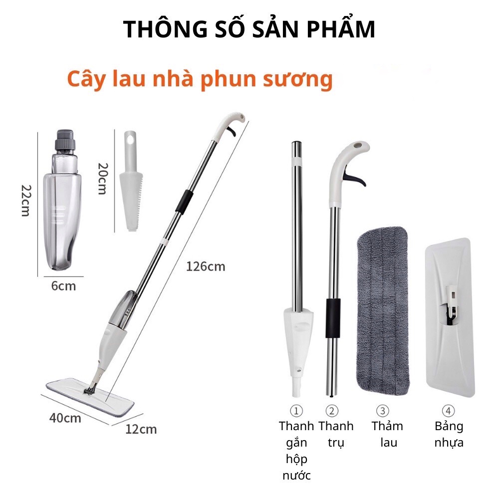 Cây lau nhà phun sương, chổi lau nhà thông minh quay 360 độ, cay lau nhà có bình xịt phun sương