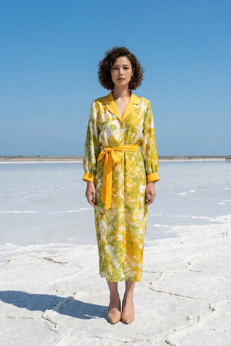 Đầm Midi Suông Cổ Ve Lụa Tơ Tằm Loang Màu Vân Kim Dre242 Thời trang thiết kế Hity