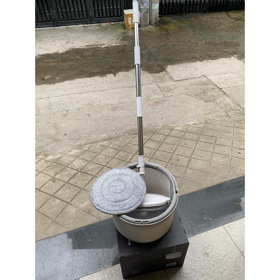 Bộ lau nhà thông minh K8 thùng vắt xoay tròn nhựa PP, Cán inox dài 134cm, miếng lau 25cm
