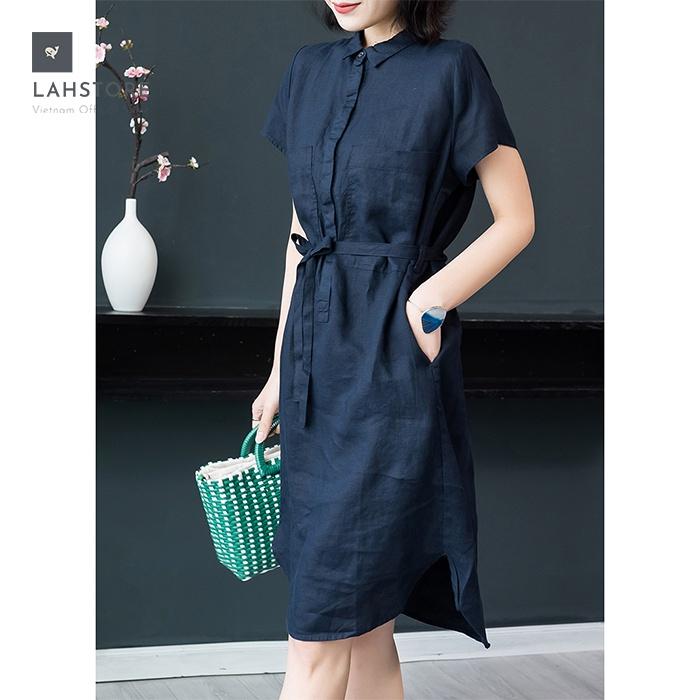 Đầm suông linen cổ đức bổ trụ 2 túi ốp ngực LAHSTORE phong cách Hàn Quốc