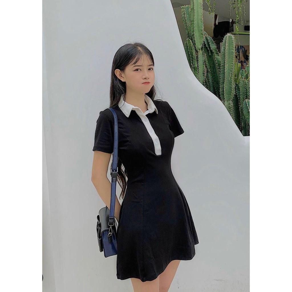 Đầm thun đen cổ bẻ trắng chất liệu thun cotton co giãn