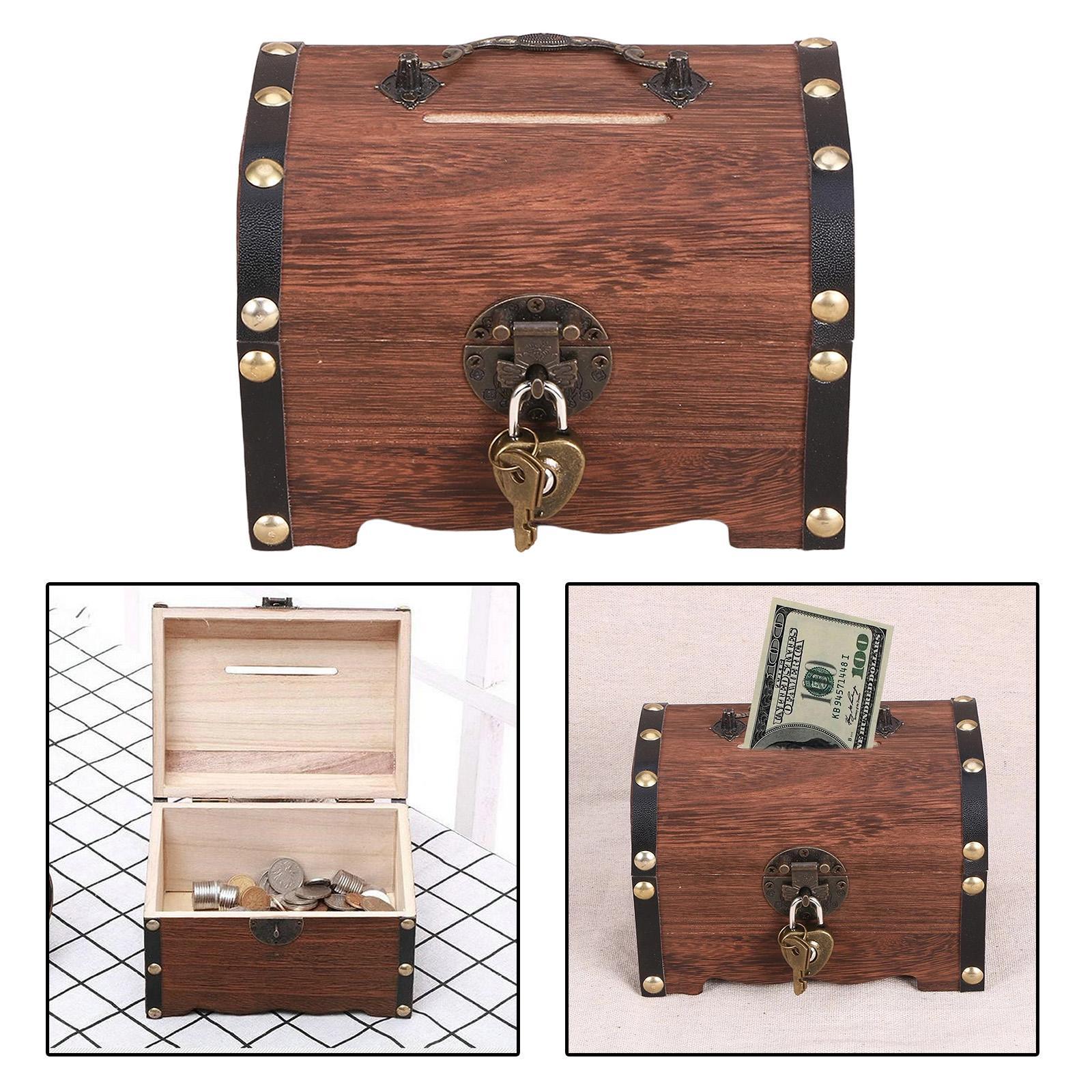 2xWooden Treasure Chest Retro Money Storage Box Case Coin Piggy Bank Organizer