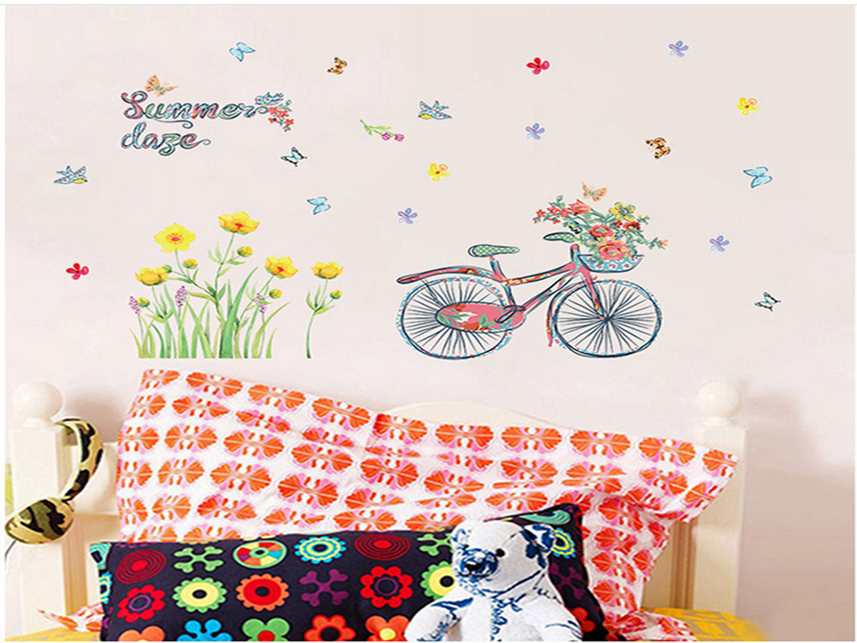 Decal dán tường xe đạp giỏ hoa summer