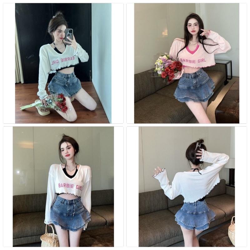 Set Áo Croptop Barbie Dài Tay Kèm Áo Yếm 2 Màu