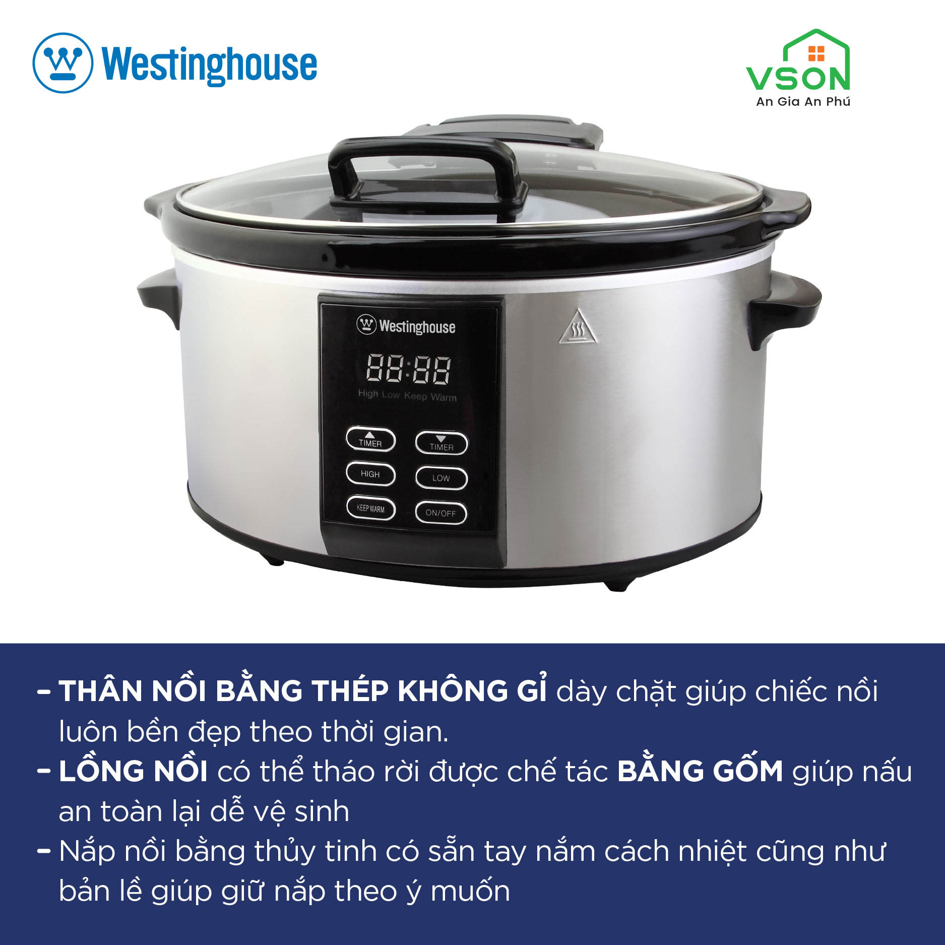 Nồi nấu chậm 6 Lít WestingHouse WKSC65 6L Công suất 270W Nồi bên trong bằng gốm Vỏ thép không gỉ - Hàng chính hãng