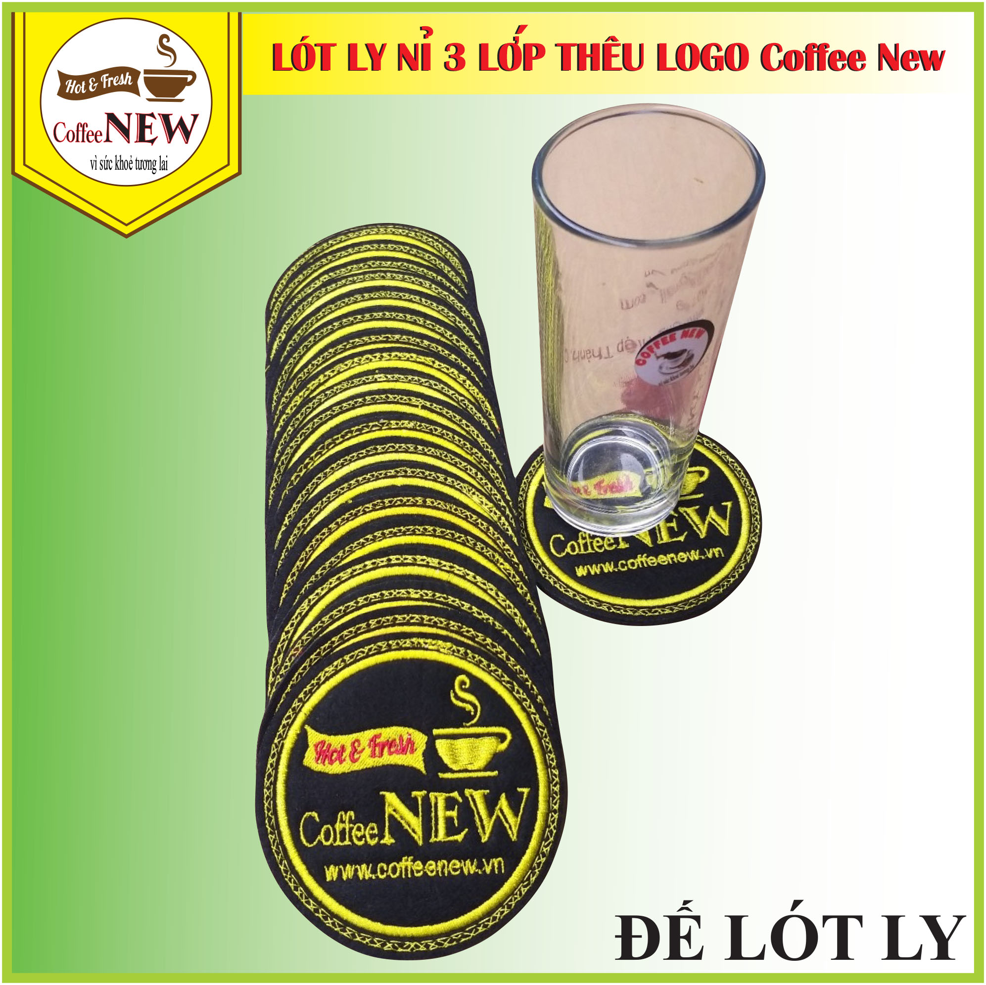 COMBO 10 Cái Đế Lót Ly (Nỉ 3 Lớp Cao Cấp) Thêu Logo Nổi Coffee New - Đường kính 9cm - Thấm nước nhanh - Nhỏ, gọn, Đẹp_Coffee New