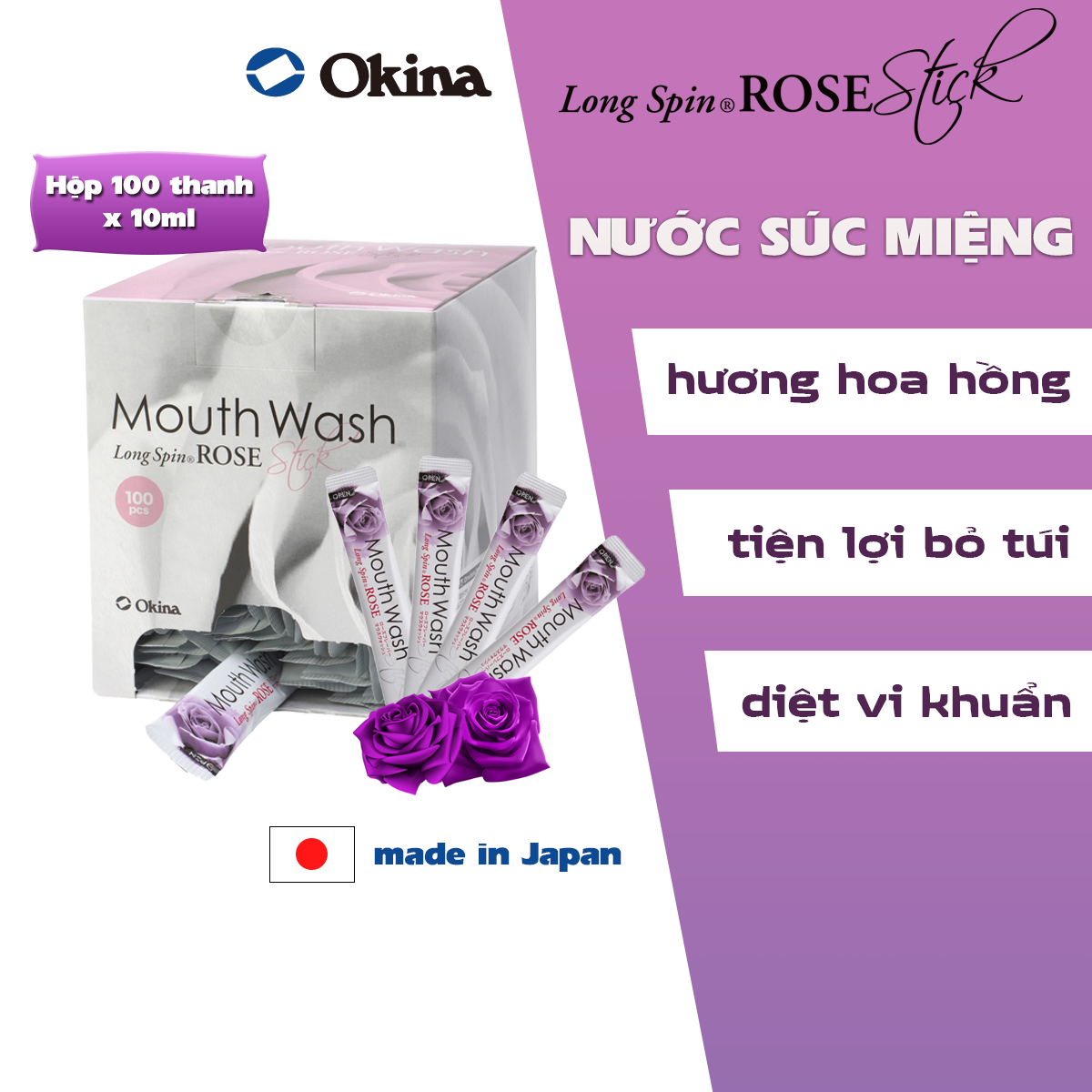 Nước súc miệng dạng thanh LONG SPIN ROSE Nhật Bản hương Hoa Hồng – Hộp 100 thanh x 10ml