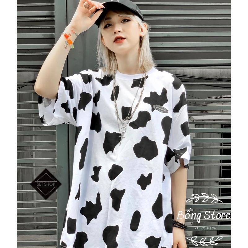 Áo thun cotton tay lỡ Unisex -- ÁO Loang Bò Sữa LOGO TAY LỠ Dáng Dài --Bống Store