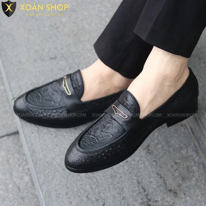 Giày Lười Da Nam DA ềm Dập Vân Cá Sấu - Đế Cao su Đúc Nguyên Khối - Mã X091-3 Màu Đen