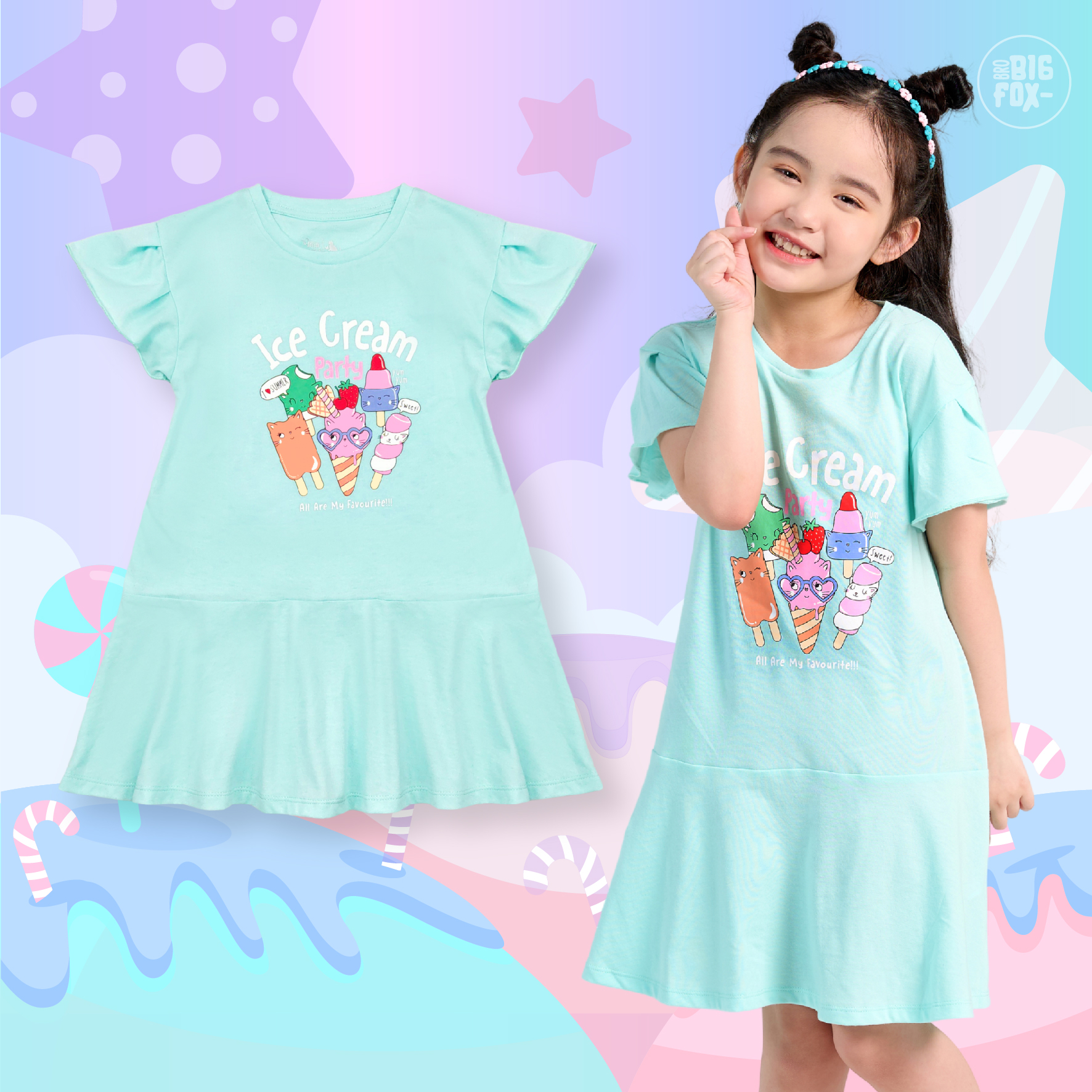 Đầm Hè Cho Bé Gái Miss Meow Tới Size Đại. Váy Cotton Thun Trẻ Em Bèo Gấu In Hình Ice Cream 3-11 Tuổi