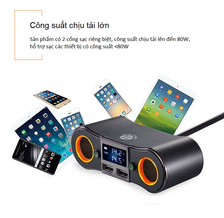 Thiết bị đa năng  chia tẩu cắm sạc trên ô tô cao cấp ( Tặng kèm đèn led mini cắm cổng USB màu ngẫu nhiên )