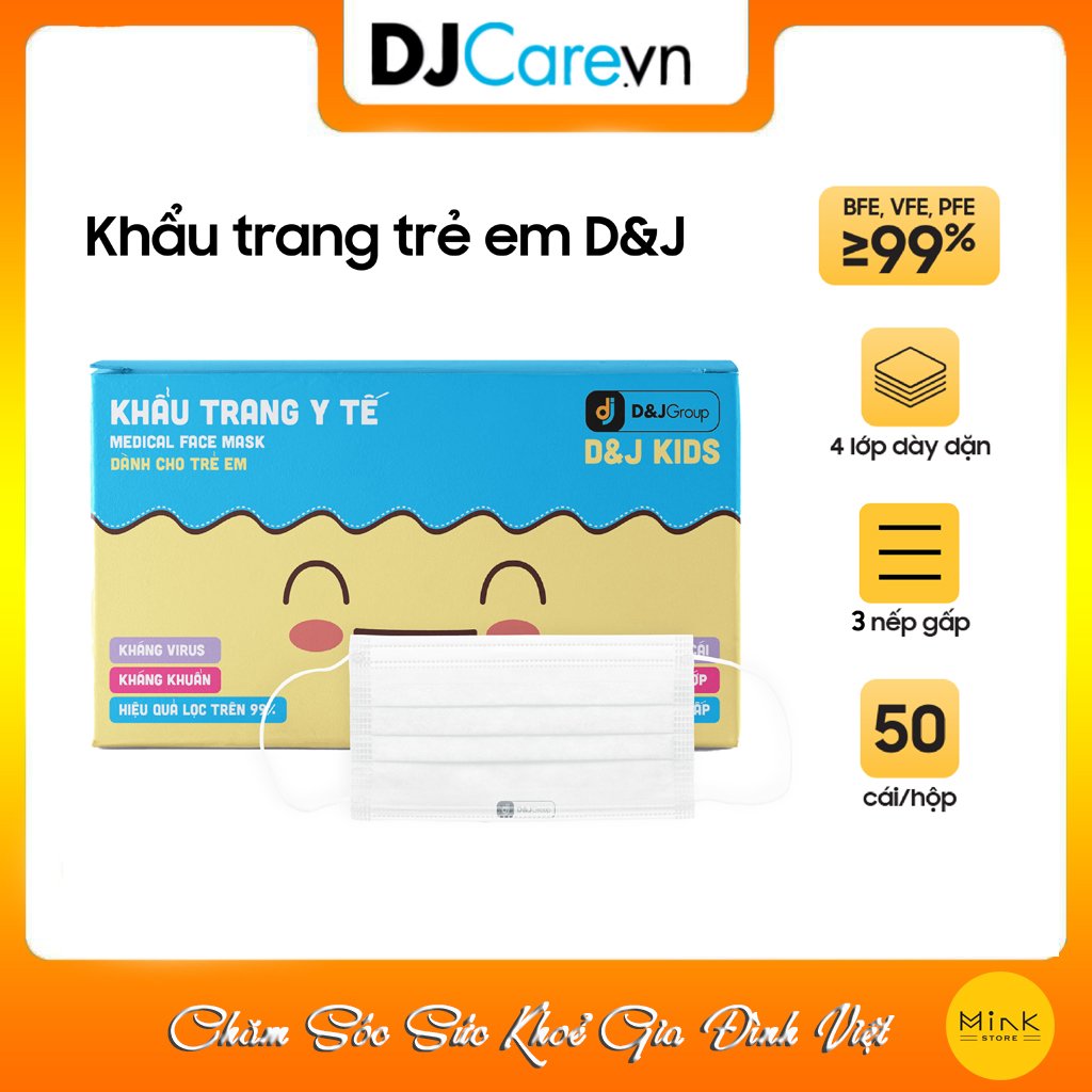 [HỘP - DJ KID] - khẩu trang y tế trẻ em kháng khuẩn 3 lớp D&amp;J Kid (50 cái/ hộp)