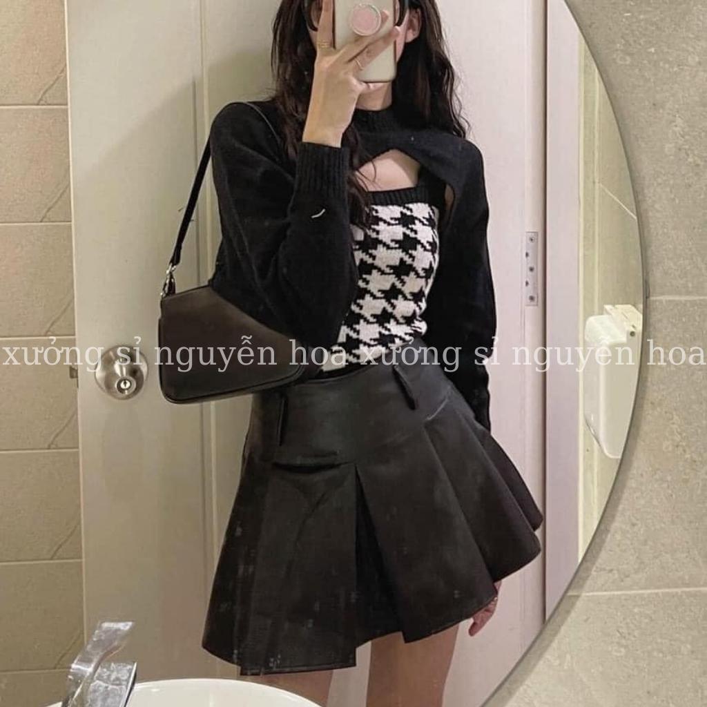 Set 2 món áo croptop len khoét kèm áo 2 dây len kẻ 3 màu đen xám be phong cách hàn quốc