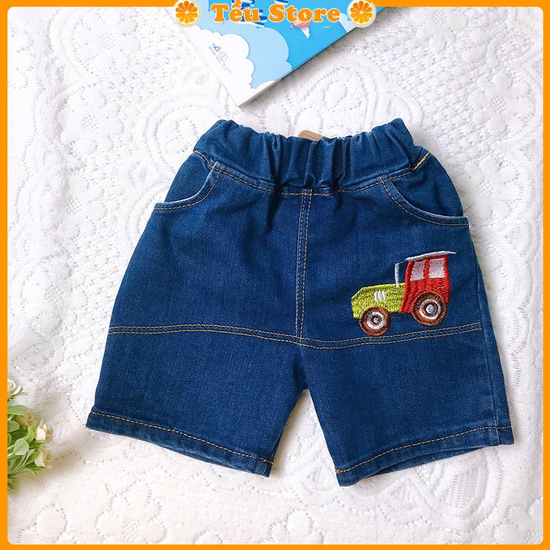 Quần Short Bé Trai &amp; Bé Gái Chất Bò Jean Mềm Thêu Xe Size 7 - 18kg Đủ Size Cho Bé 0 - 6 Tuổi