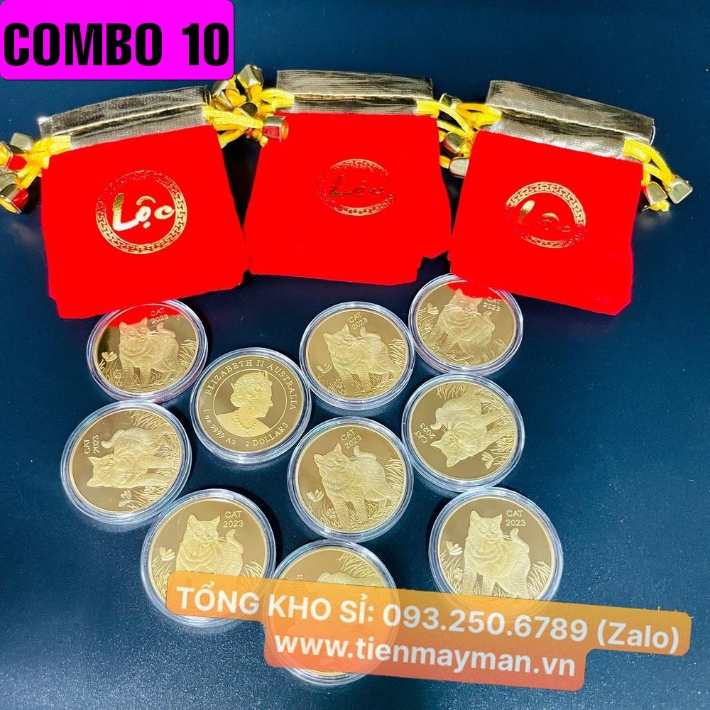 Tiền Xu Vàng Con Mèo Úc Mừng Năm Quý Mão - túi LỘC gấm đỏ tặng kèm mỗi xu