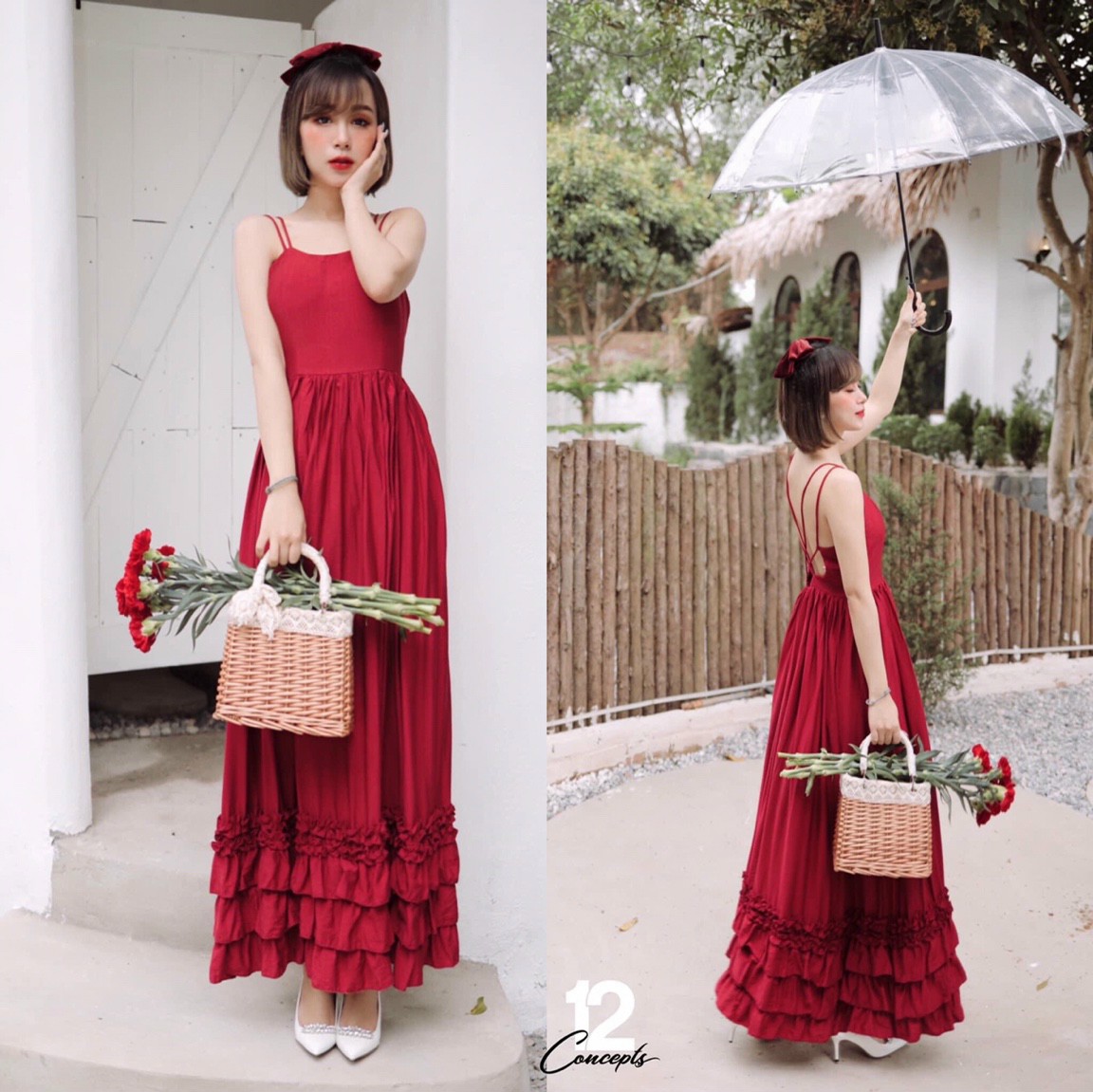 Đầm maxi đỏ 4 dây đan lưng