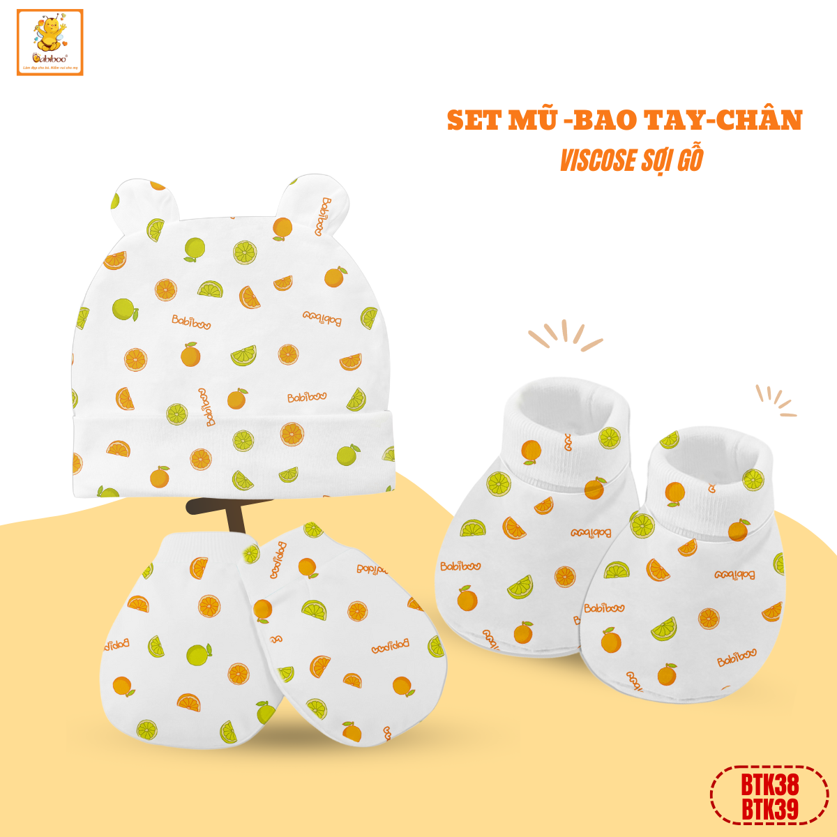 Set mũ, bao tay,bao chân cho bé Babiboo chất liệu viscose họa tiết xinh xắn, mềm mại BTK38 +BTK39