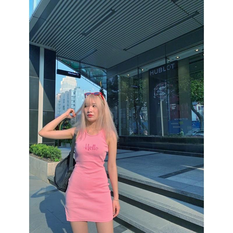 Váy ôm Pinkaholic - Đầm nữ vải thun vân co dãn , màu hồng phấn đáng yêu.