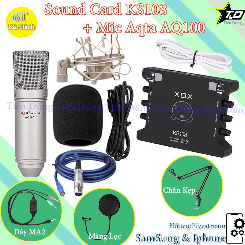 Bộ Combo Mic Thu Âm Karaoke Aqta AQ100 và Sound Card XOX KS108 Bản Tiếng Anh Đi Kèm Chân Kẹp Màng Lọc Dây MA2