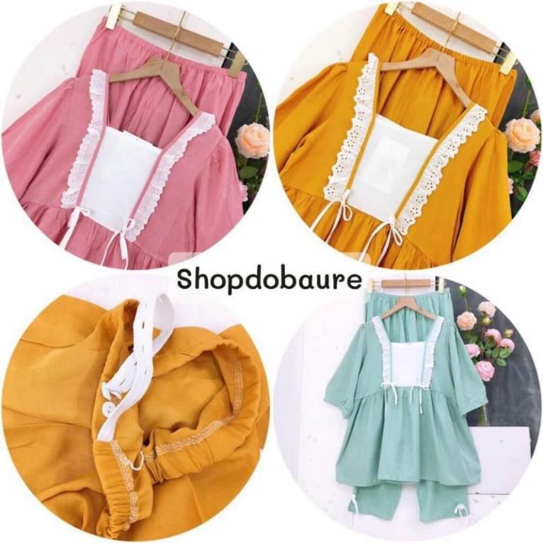 Bộ dài lụa cổ vuông ren mới VM