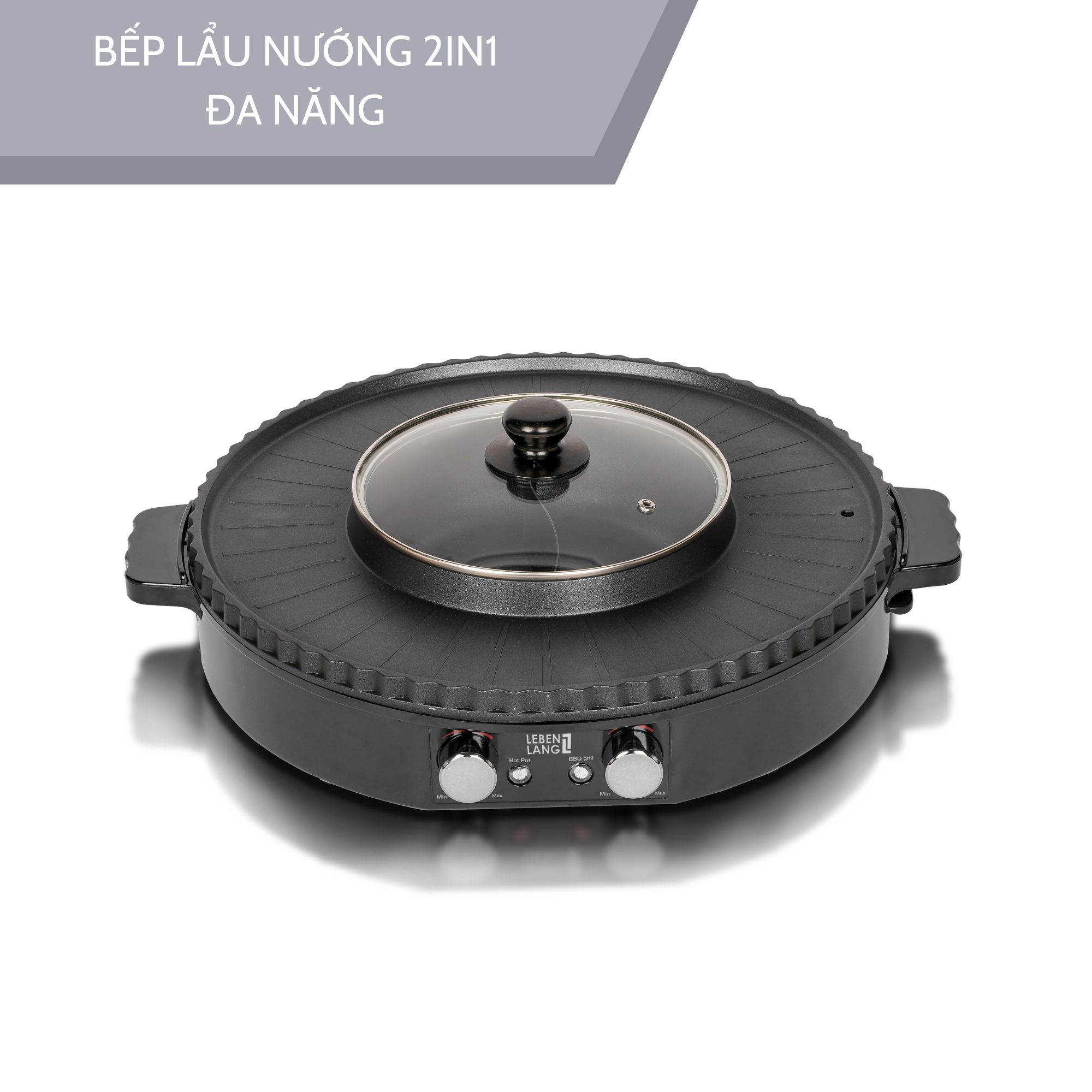 Nồi lẩu điện 2 ngăn Lebenlang LBTT5288-EC, bếp lẩu nướng 2in1 đa năng tròn loại to,công suất 1800W tiện lợi cho gia đình - hàng chính hãng