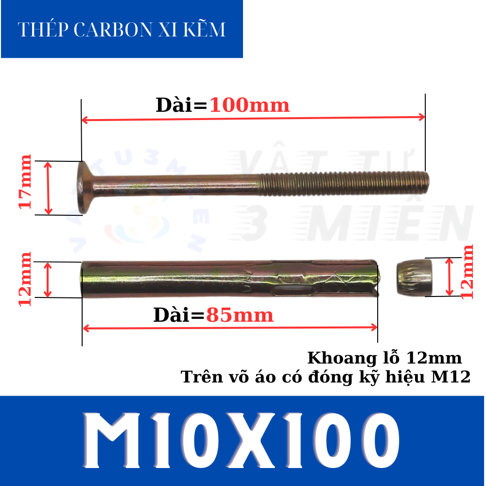Tắc kê nở M10x100 đầu vít ba ke sắt xi kẽm ( Bu lông nở đầu vít ba ke/ vít nở đóng tường )