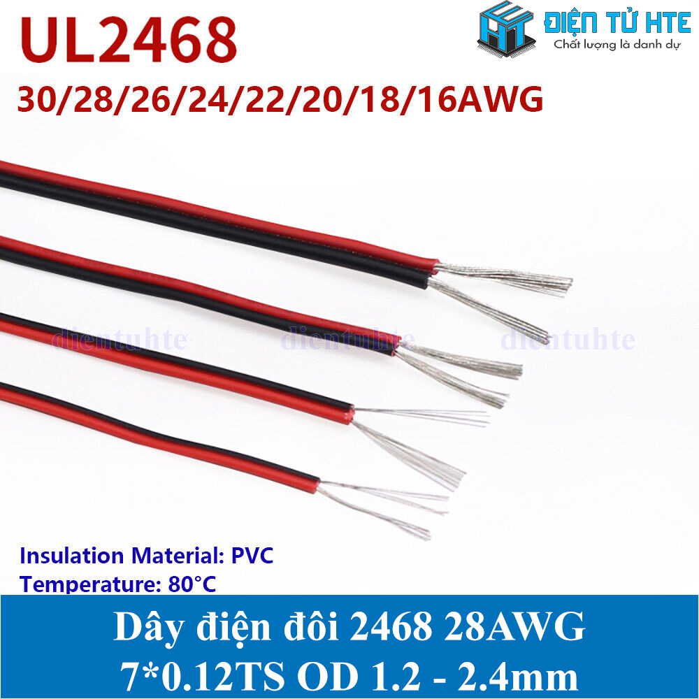 Combo 5 mét Dây điện đôi Đen đỏ 2468 28AWG 7*0.12TS OD 1.2 - 2.4mm